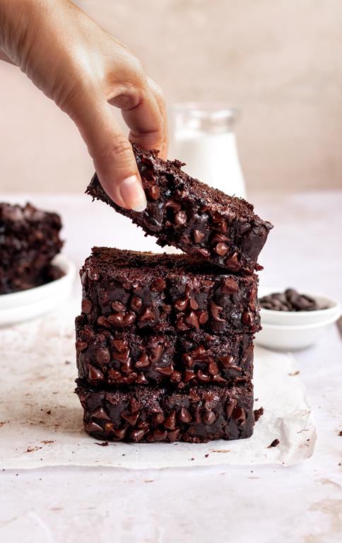 double chocolate banana bread stack with chocolate chips on the side.
