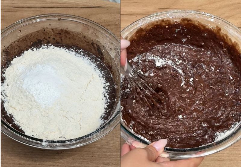 The chocolate muffin batter is being mixed.