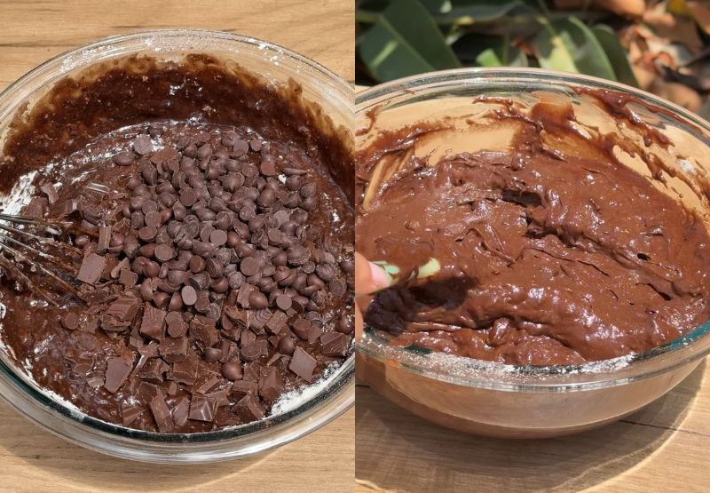 Double chocolate muffins batter added chocolate chunks and chocolate chips.