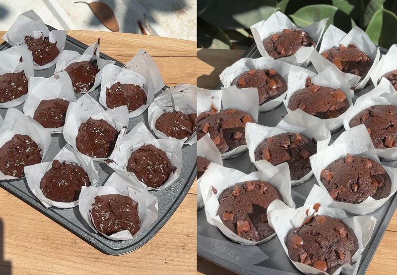 Muffins liners filled with batter.