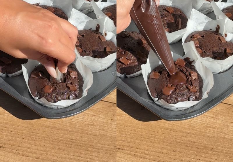 Double chocolate muffins are filled with chocolate ganache.