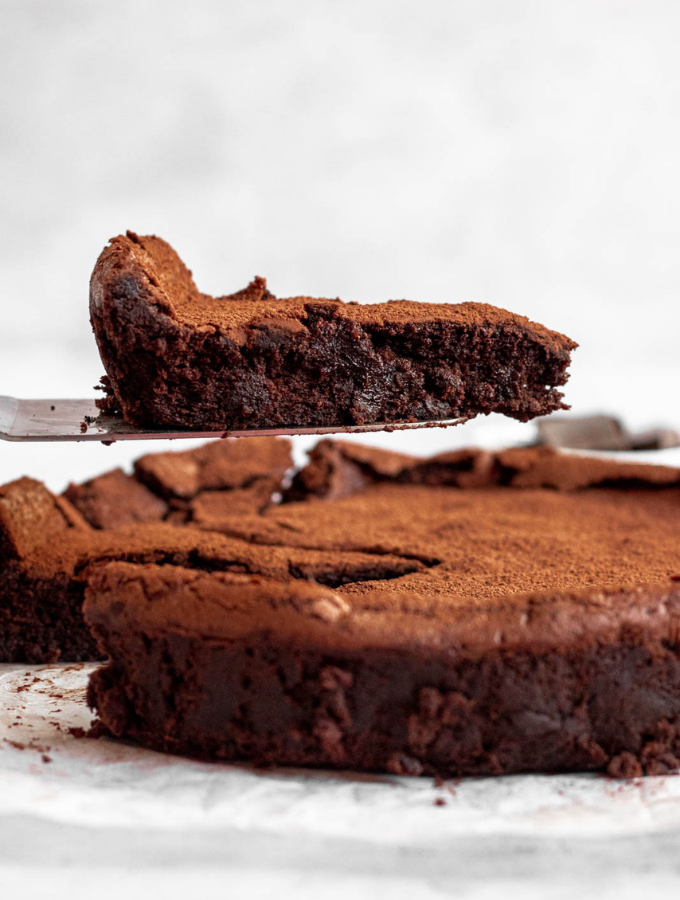 Fudgy flourless chocolate cake.