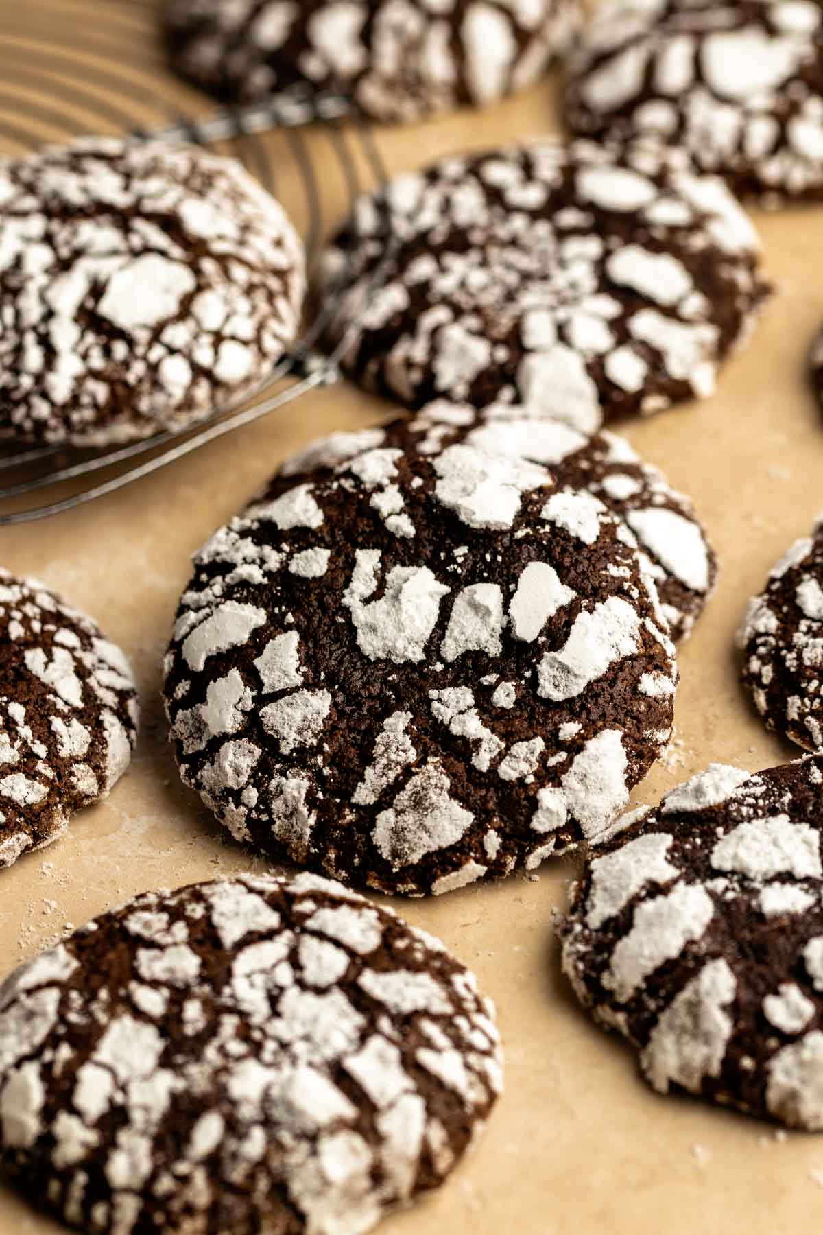 Stack of two crinkle chocolate cookies.
