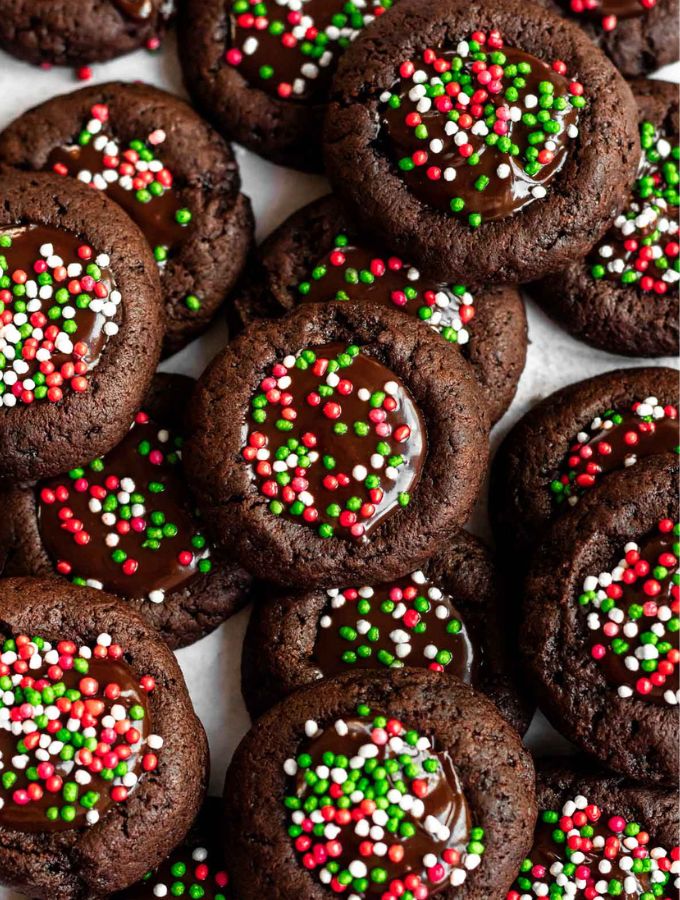 Overhead shot of chocolate thumbprint cookies.
