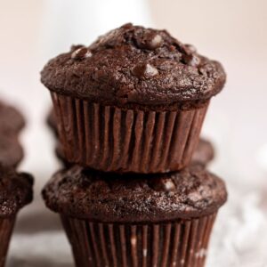 Stack of two double chocolate muffins.
