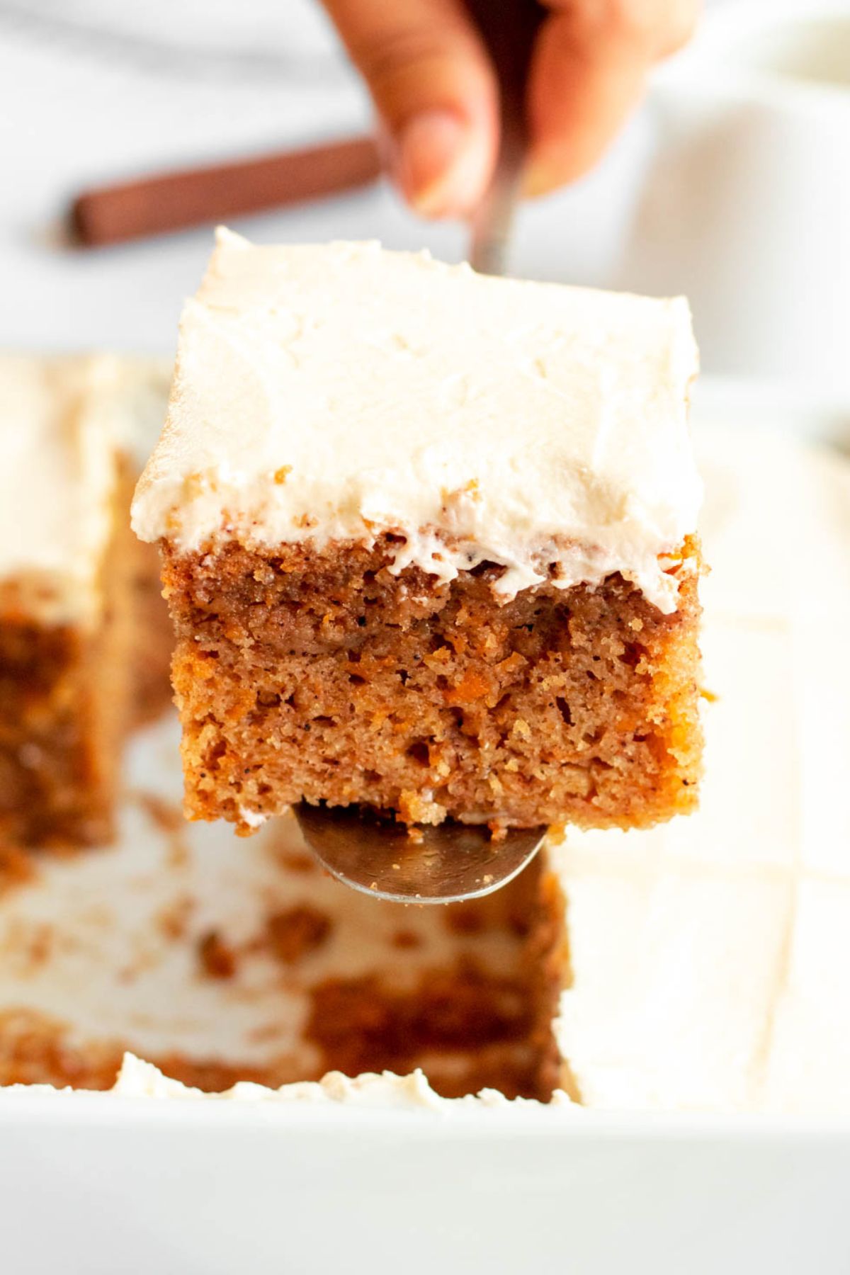 Slice of pumpkin cake with cream cheese frosting lifted from the pan.