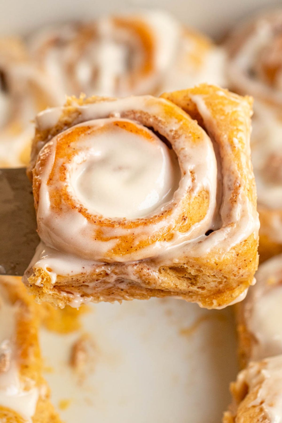 Cinnamon roll pulled out from the pan.