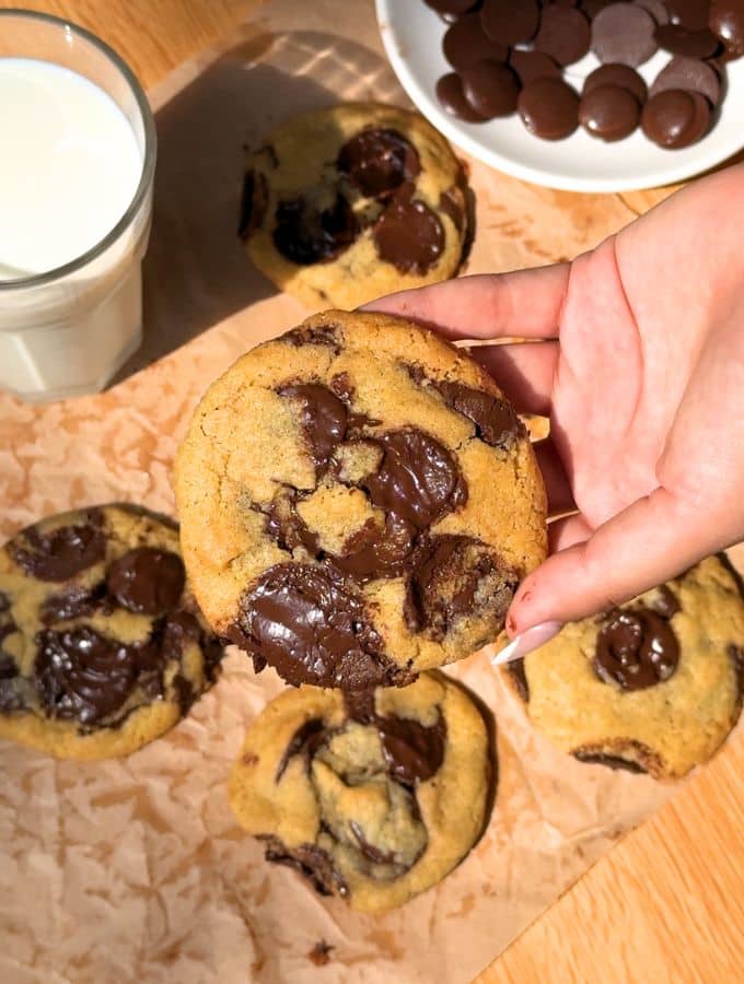 Hand holding a chocolate chip cookie.