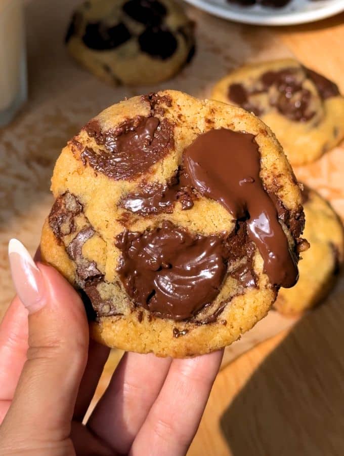 Hand holding a small batch chocolate cookie.