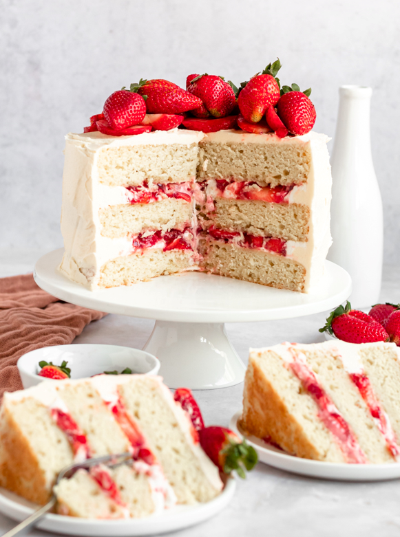 Close up shot of inside vanilla strawberry cake.