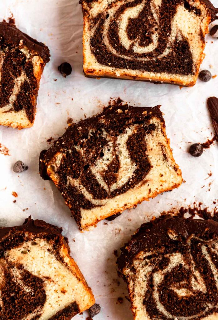 Overhead shot of slices of marble loaf cake.