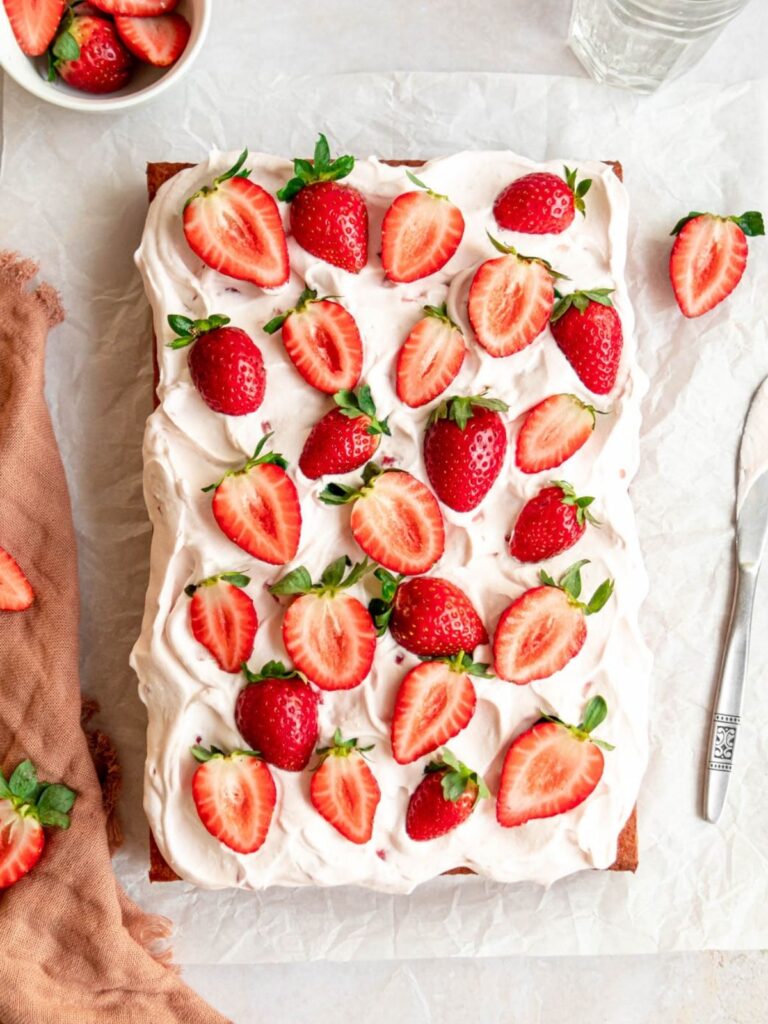 overhead shot of strawberry sheet cake.