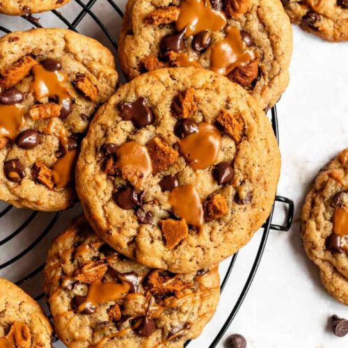Overhead shot of biscoff butter cookie butter cookies on a cooling rack.