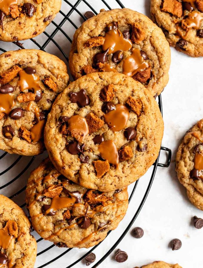 Overhead shot of biscoff butter cookie butter cookies on a cooling rack.