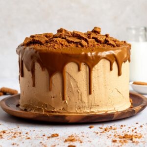 Biscoff lotus cake with a biscoff drip design on a wooden cake plate.