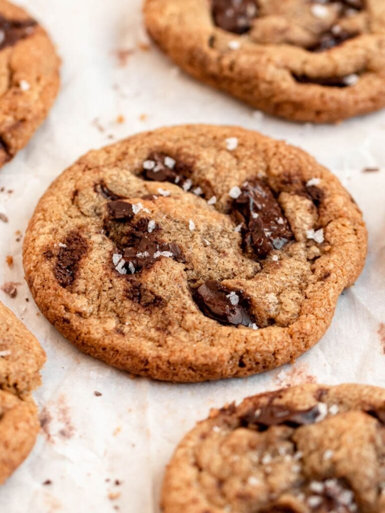 Close up shot of cookies with chocolate chunks.