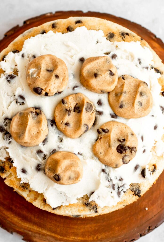Chocolate chip cake with cookie dough buttercream and edible cookie dough.