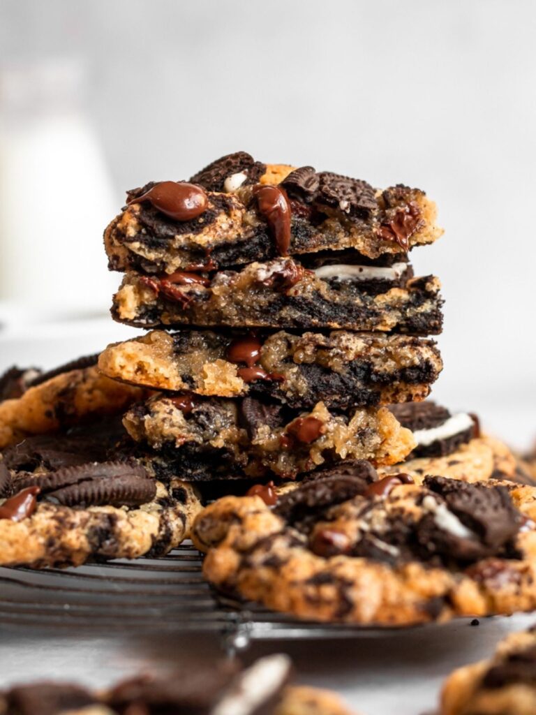 oreo chocolate chip cookies stack cut in half.