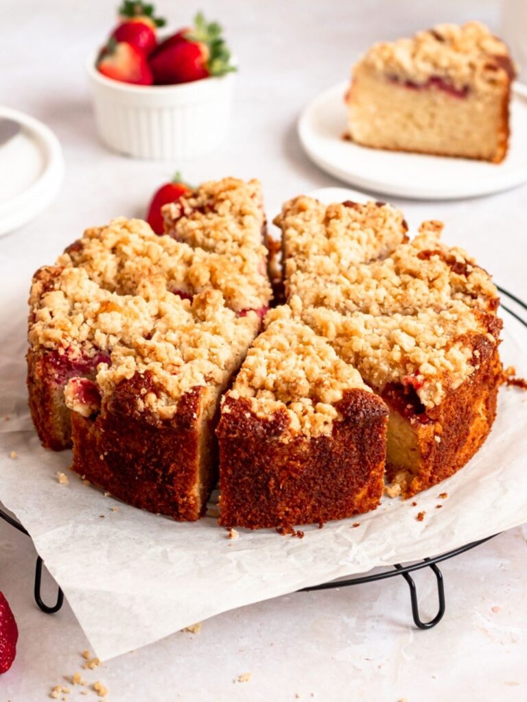 crumble cake sliced on a wire rack.