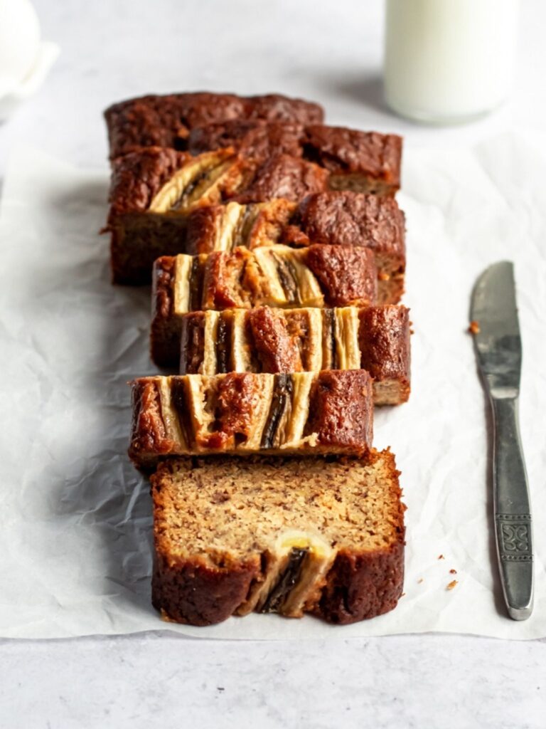 Tahini banana bread slices on parchment paper.