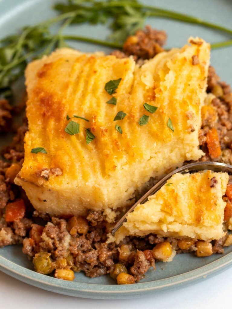 Slice of cottage pie with a fork inserted into the slice.