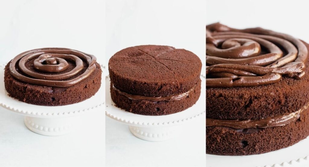 Chocolate cake assembly process shots.