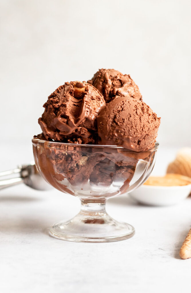 Chocolate peanut butter ice cream in a glass bowl.