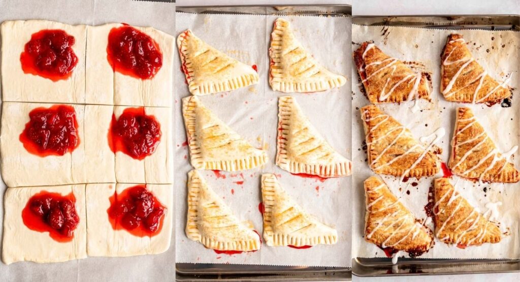 Process shots of making strawberry turnovers.