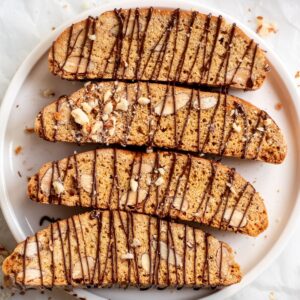 Overhead shot of almond biscotti on a plate.