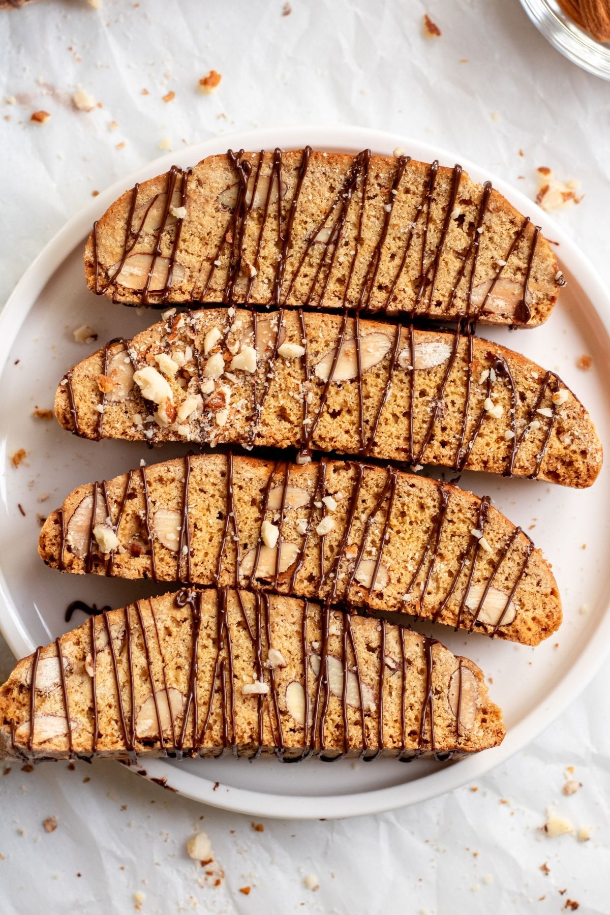 Overhead shot of almond biscotti on a plate.