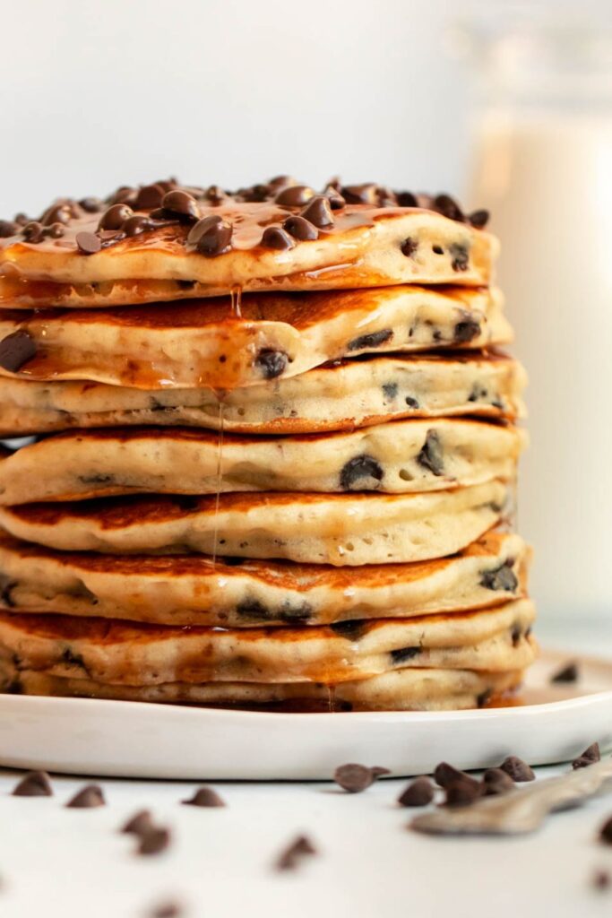 Close up shot of a stack of pancakes.
