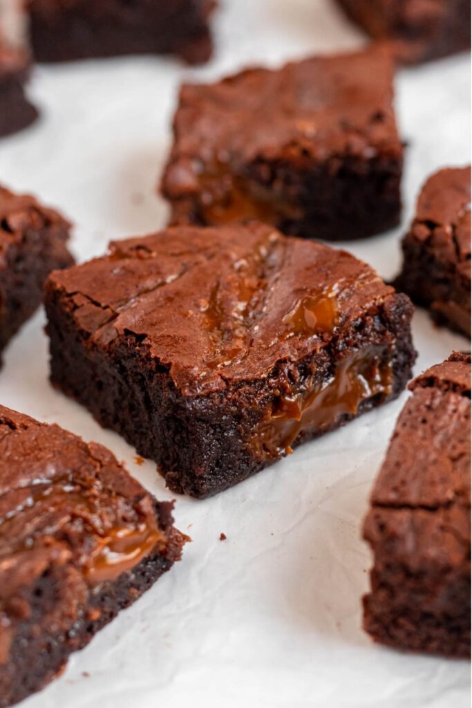 Brownies on a parchment paper.
