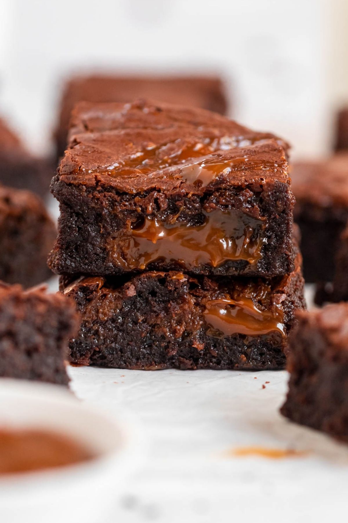 Two slices of dulce de leche brownies.