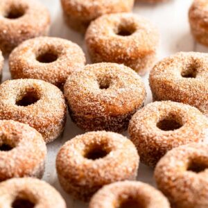 Close up shot of mini donuts.