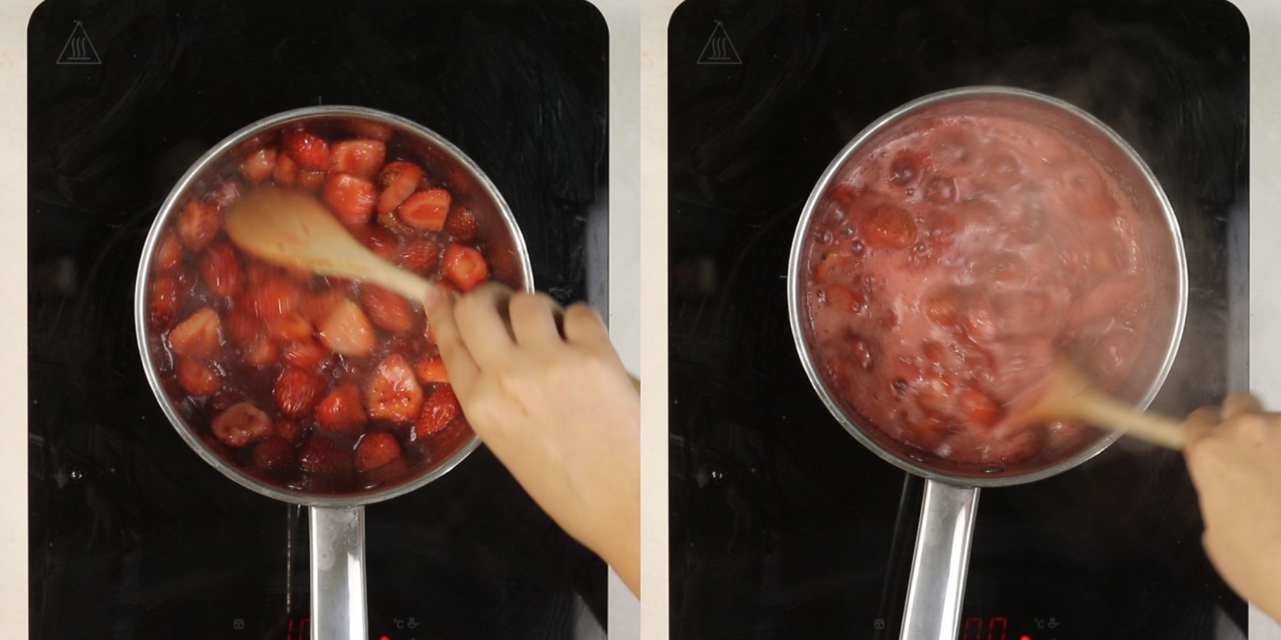 Cooked strawberry topping in a saucepan.