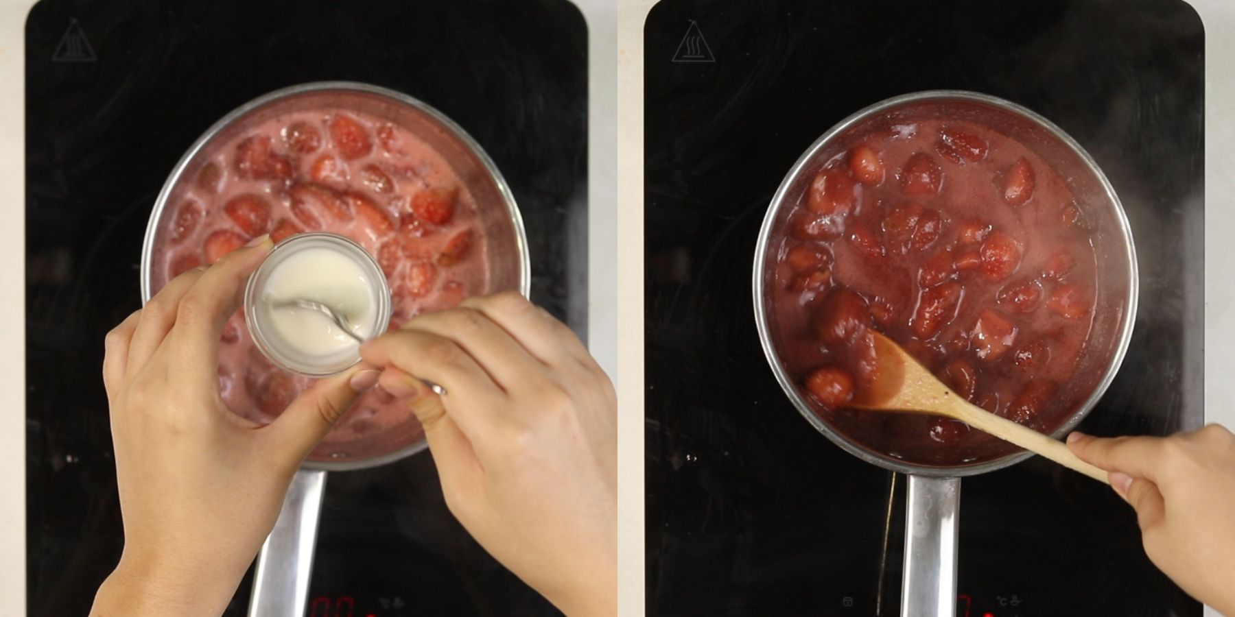 Cornstarch added to the strawberry topping thickens it up.
