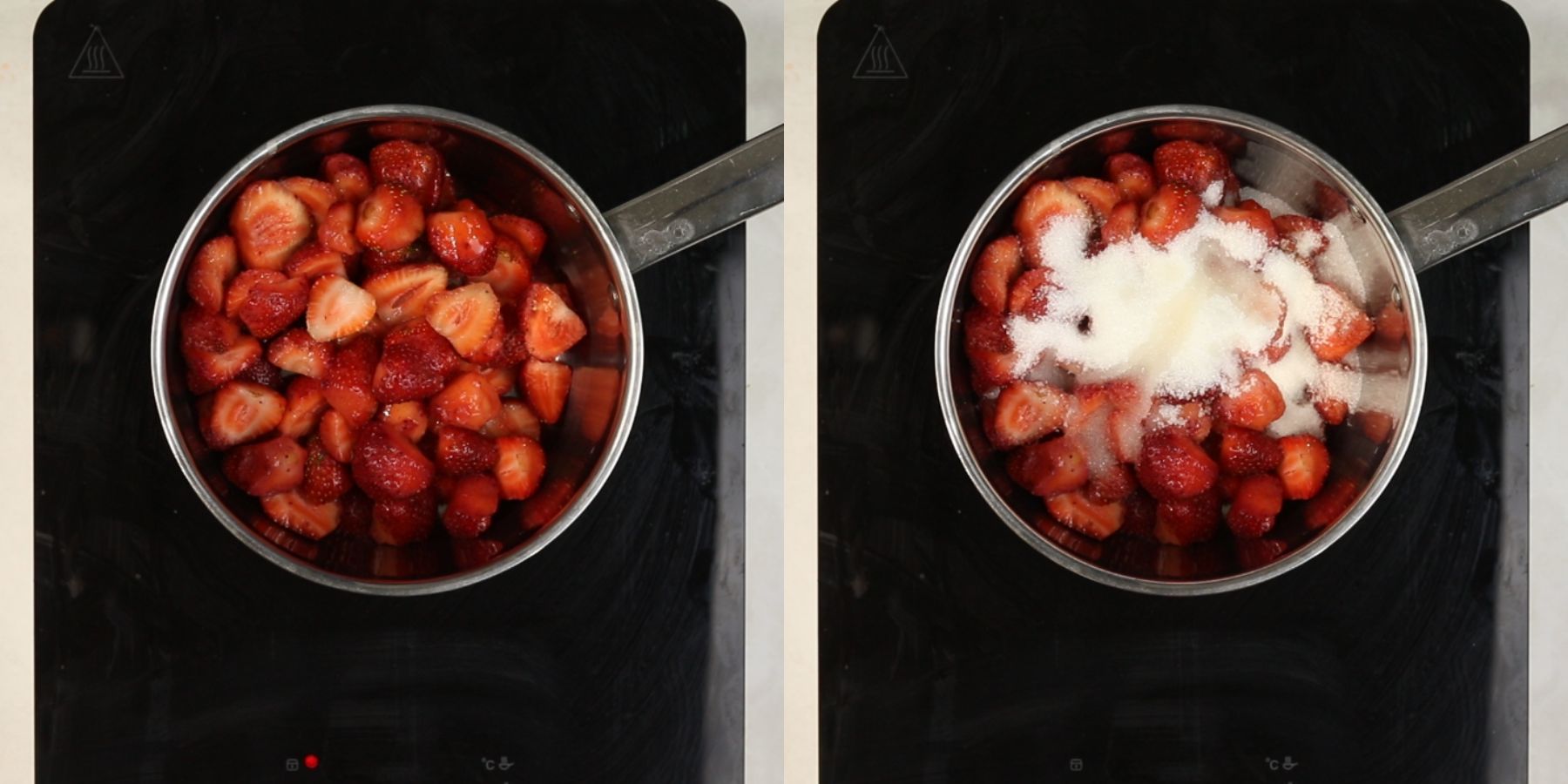 Strawberries and sugar in a saucepan.