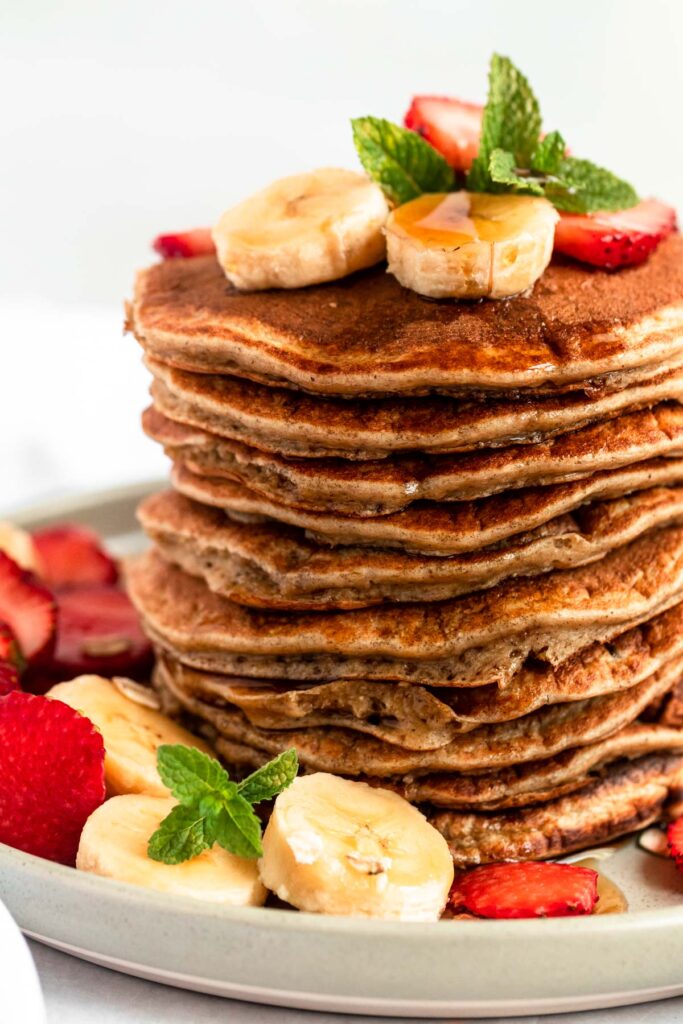 Close up shot of a stack of pancakes.