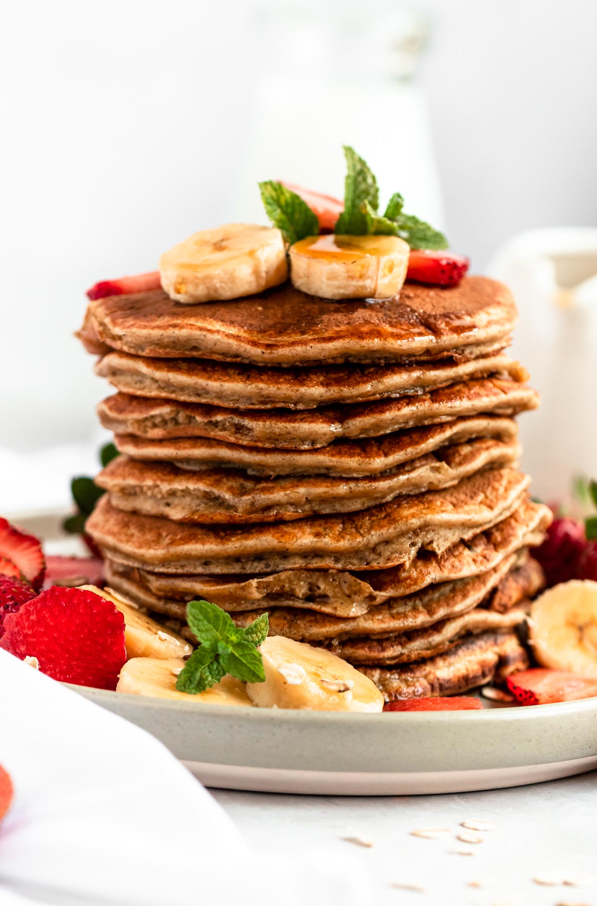 Close up shot of a stack of banana protein pancakes.