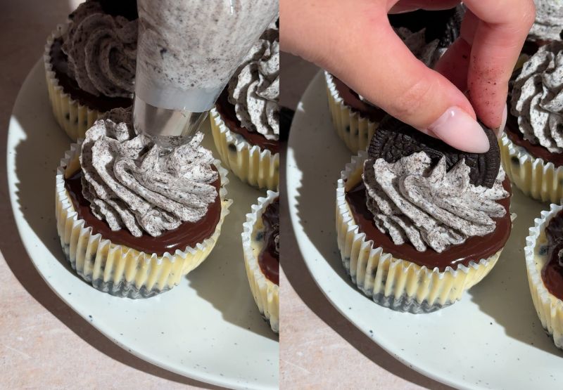 Step-by-step photos showing Oreo whipped cream being piped onto a mini cheesecake and topped with a cookie.