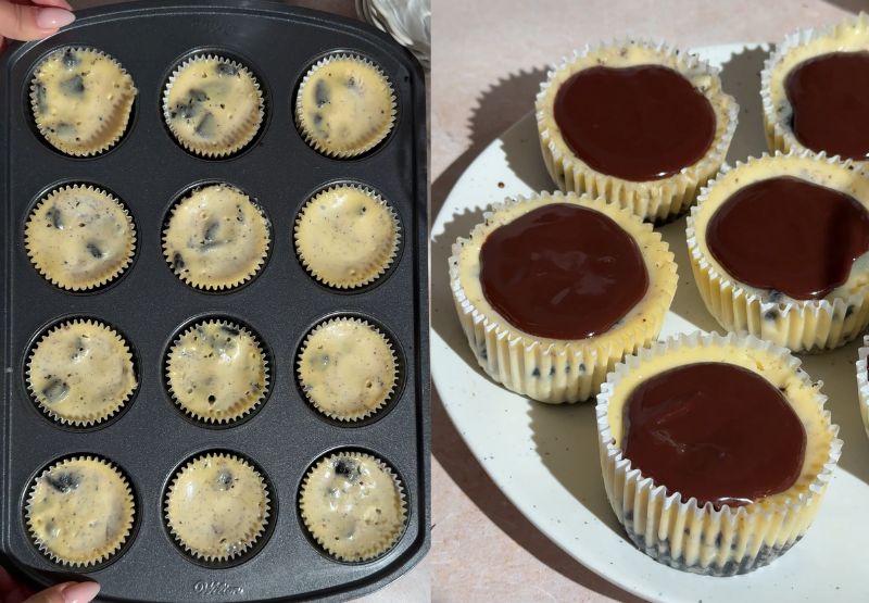 Step-by-step photos showing baked mini cheesecakes in a muffin pan and coated with a layer of chocolate ganache.