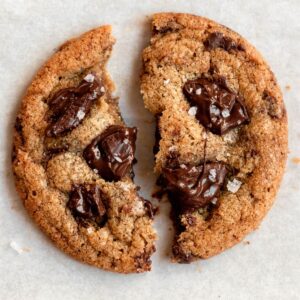 Brown butter chocolate chip cookies cut in half.