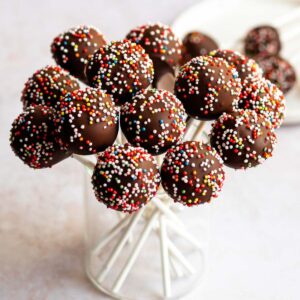 Chocolate cake pops in a cup.