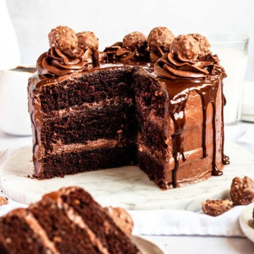 Ferrero rocher cake on cake pan split open.