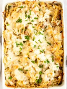 Close up shot of tuna pasta bake.