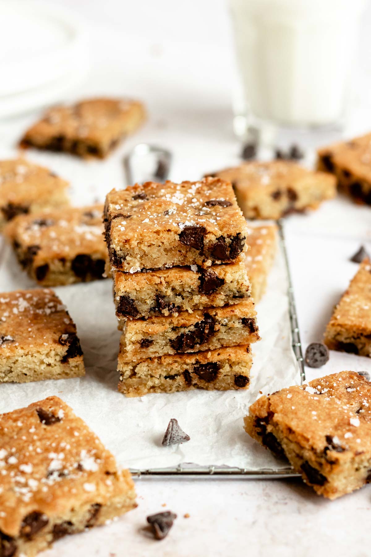 Stack of blondies with chocolate chips.