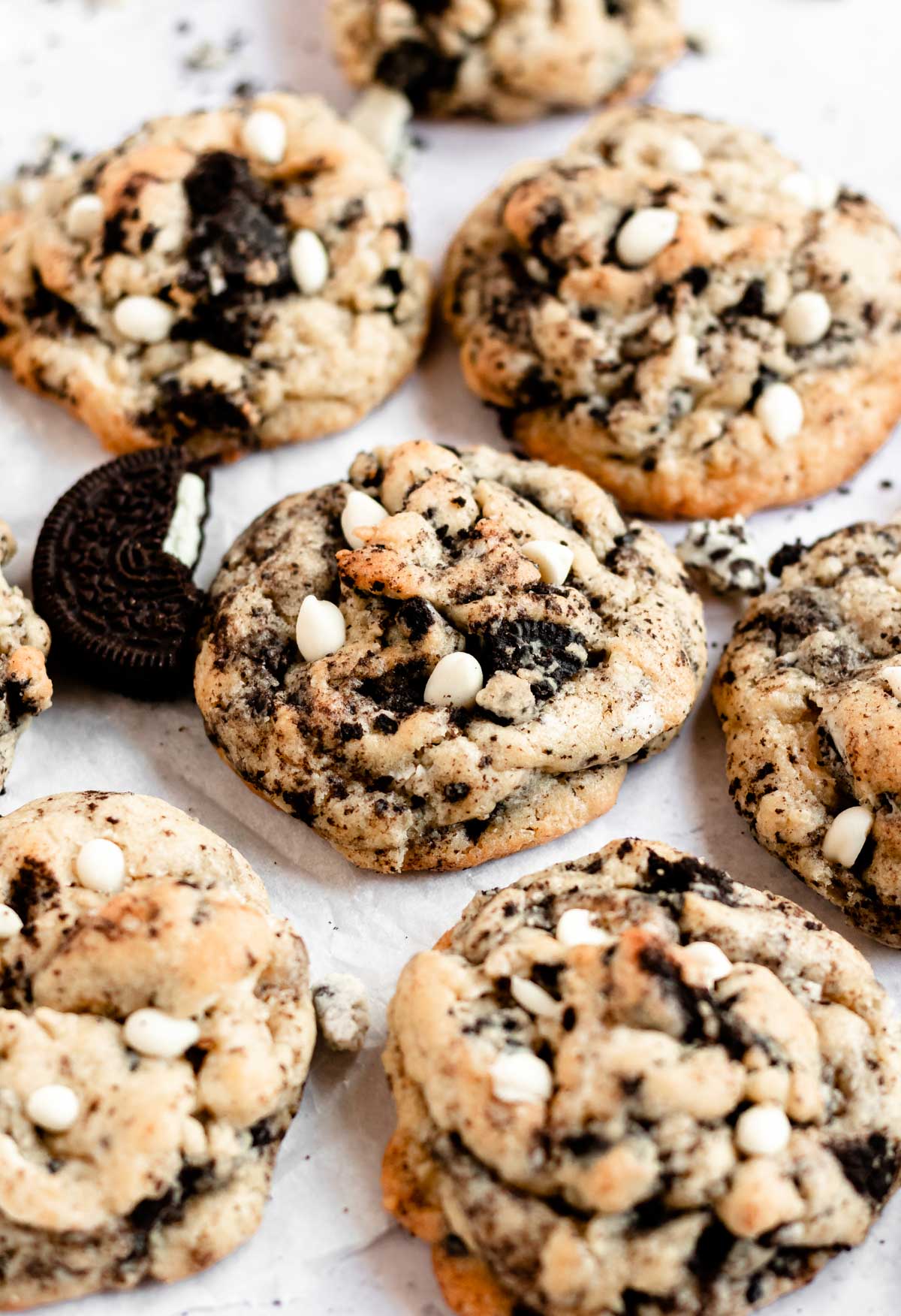 Close up shot of cookies on a parchment paper.