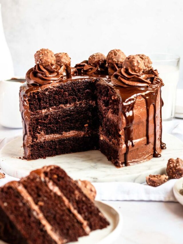 Ferrero rocher cake on cake pan split open.