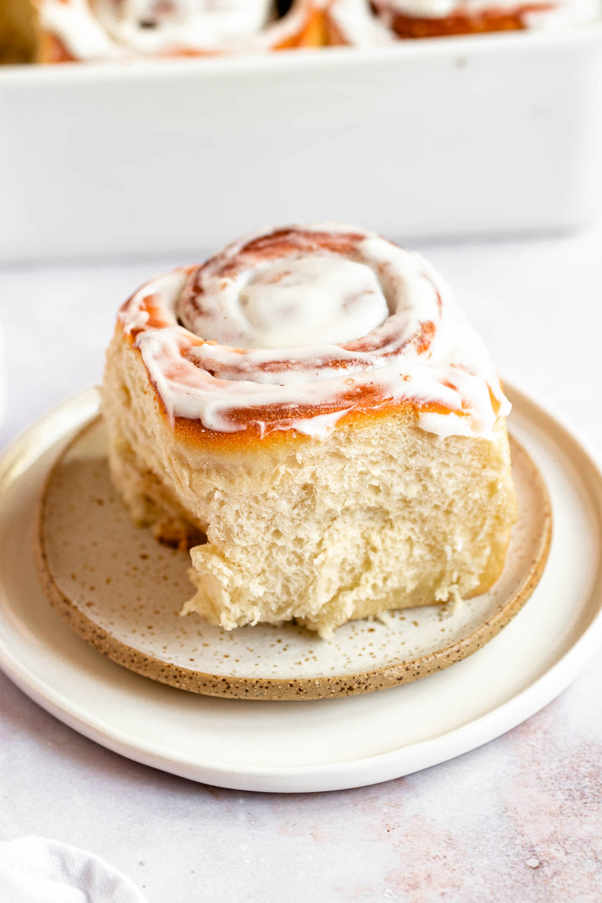 Close up shot of a cinnamon roll on a plate.
