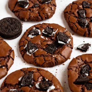 Close up shot of oreo brownie cookies.